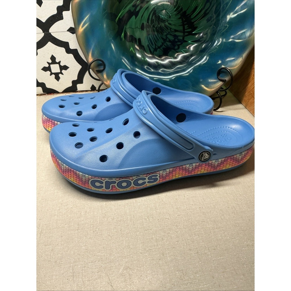 Crocs Bayaband Chevron Band Clogs | Slip On Shoes POWDER BLUE MULTI US Men's 12